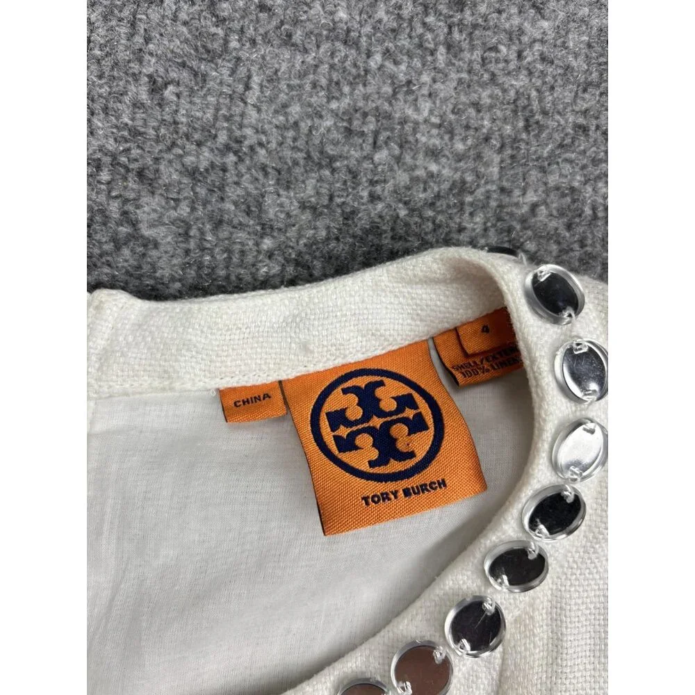 Tory Burch Linen Blouse Womens 4 White Mirror Sequin Embellished‎ 3/4 Sleeve